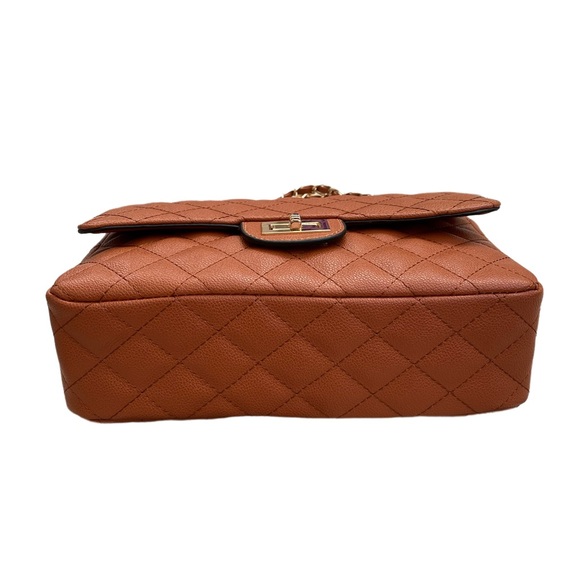 NWT caramel brown vegan leather quilted flap bag with gold chain strap - Picture 7 of 9